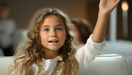 Sticker - Smiling schoolgirl studying, enjoying childhood, surrounded by cheerful classmates generated by AI