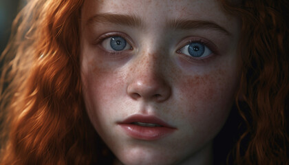 A cute redhead girl with blue eyes looking at camera generated by AI