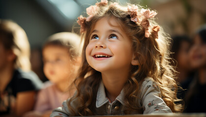 Wall Mural - Smiling girls enjoying outdoors, cute boys playing in nature generated by AI