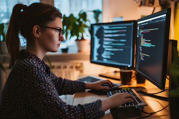 Female software engineer writing code on desktop computer