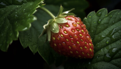 Poster - Freshness of strawberry leaf, close up of ripe green fruit Healthy eating generated by AI