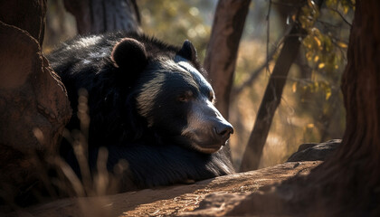 Wall Mural - Large, cute canine sitting in the forest, focusing on the tree generated by AI