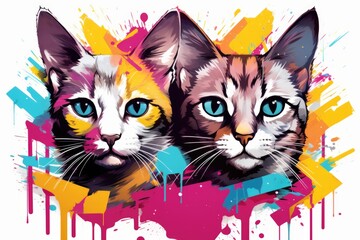 Wall Mural - A couple of cats that are sitting next to each other, colorful pop art image, graffiti style.