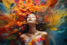 Floral Woman Digital Portrait, Ethereal Female Art, An Eye Catching Surreal Young Woman Surround By Vibrant Colorful Flowers And Abstract Designs, Creative Fantasy Girls And Flowers Wallpaper Concept