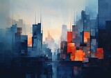 Fototapeta Uliczki - An abstract cityscape at twilight, with buildings fading into a gradient of blue and orange.