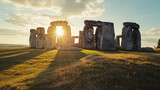 A serene portrayal of Stonehenge during the summer solstice, with the sun perfectly aligned.