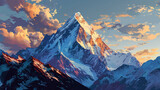 An artistic interpretation of Mount Everest at twilight, the peak touching the sky.