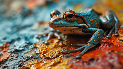 Poster - An abstract depiction of a frog, its body a vibrant green from shavings of colored pencils.