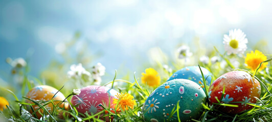 Wall Mural - Happy Easter. Decorated Easter eggs on green grass on a sunny spring day