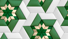 3D Soft Geometry Tiles Made From Green And White Leather With Golden Decor Stripes And Rhombus Realistic Texture