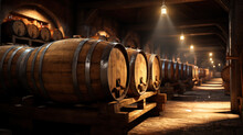 Wine Cellar With Rows Of Old Wooden Barrels, Large Warehouse In Underground Of Winery. Scenery Of Vintage Oak Casks In Dark Storage Concept Of Vineyard, Viticulture, Production