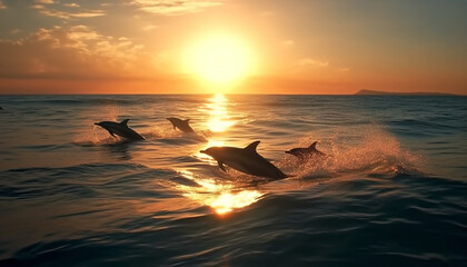 Poster - Playful dolphins jumping in the sunset golden light generated by AI