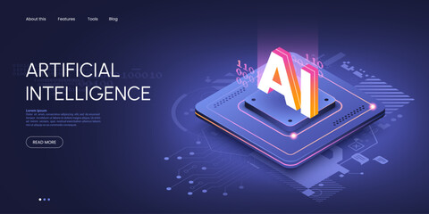 Artificial intelligence technology isometric illustration. Isometric CPU chip with glowing letters AI on top. Machine learning web page concept. Vector illustration