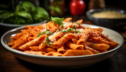 Canvas Print - Fresh homemade pasta with bolognese sauce, served on rustic wooden table generated by AI