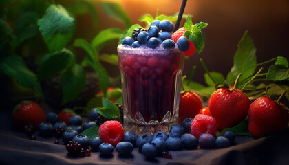 Wall Mural - Freshness of summer berries on a wooden table, healthy and delicious generated by AI