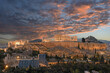 Panorama of Acropolis hill at night, Athens, Greece. Famous old Acropolis is a top landmark of Athens. Ancient Greek ruins in the Athens center at dusk
