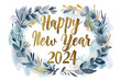 Watercolour illustration with Happy New Year 2024 gold text and flowers on white background. Happy New Year card.