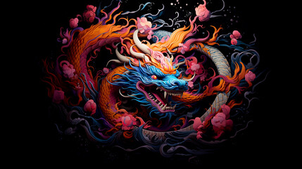 Wall Mural - Festive colorful Asian dragon on black background