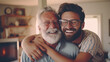 Adult hipster son fun hugging old senior father