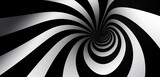 Fototapeta Przestrzenne - An abstract optical illusion featuring a hypnotic spiral tunnel with black and white lines, rendered in a glossy chrome finish that reflects surrounding colors, vector illustration.