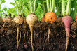 Assorted root vegetables in soil, organic farming