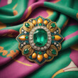 Glamour and Color - Pop Art style photo of an Emerald brooch on a patterned scarf against a colorful background Gen AI