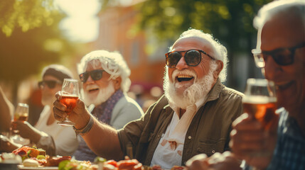 Happy elderly friends drink and eat together and have fun outdoors