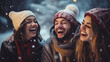 Happy multiethnic friends on a mountain vacation with snow - Young people having fun for December holidays