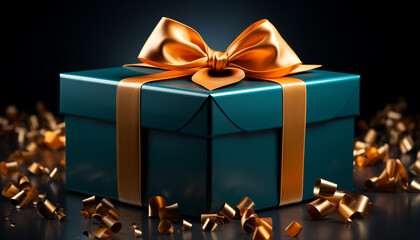 Wall Mural - A shiny gold gift box wrapped in blue wrapping paper generated by AI