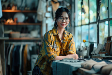 Young smiling Asian woman, fashion designer and stylist in her atelier