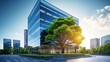 sustainable glass office building with tree for reducing carbon dioxide