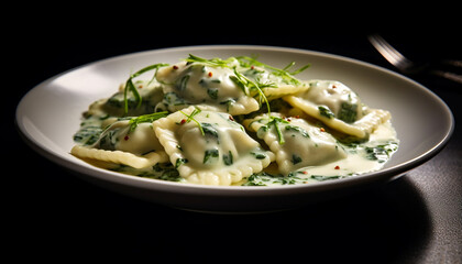 Canvas Print - Freshly cooked Chinese dumplings on a plate, a delicious appetizer generated by AI