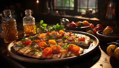 Wall Mural - Grilled tomato steak on wooden plate, a healthy homemade meal generated by AI