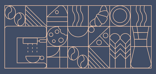 Coffee linear print. Pattern with coffee theme in geometric minimalistic style. Abstract shapes. Illustration for cover design, food package, menu, background, café wall, coffee shop, banner