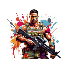 graphics of brave commando soldiers holding weapons, with colorful patterns