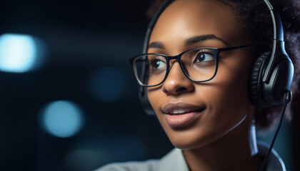 Sticker - Smiling woman in office, wearing headphones, looking at camera confidently generated by AI