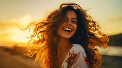 Wall Mural - Portrait of a happy woman against the background of sunset expressing joy