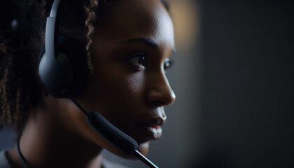 Sticker - Young woman in office using wireless headset for customer support generated by AI