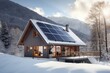 A cozy home with solar panels amidst snowy mountains, showcasing a blend of technology and nature.
