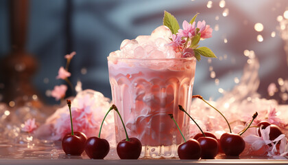 Poster - Fresh fruit cocktail on wooden table, perfect for summer celebration generated by AI