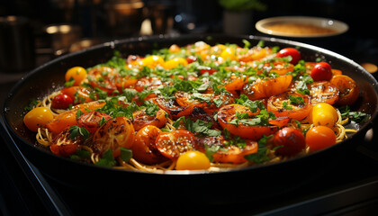 Poster - Freshness on plate grilled vegetarian meal with homemade herb salad generated by AI