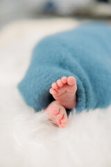 Wall Mural - A baby is wrapped up on the ground wrapped in a blue blanket, and his tiny toes are peeking out.