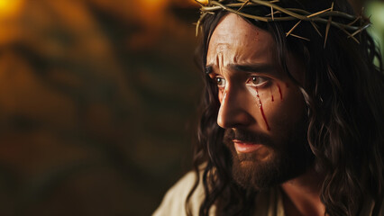 Wall Mural - Jesus Christ crying sad with the holly thorn crown background