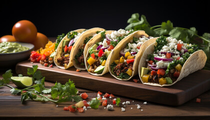 Wall Mural - Gourmet homemade taco beef, tomato, guacamole, cilantro, and cheese generated by AI