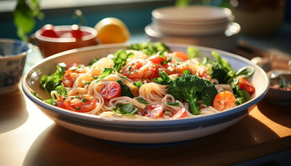 Canvas Print - Healthy eating Fresh, homemade vegetarian pasta salad on a plate generated by AI