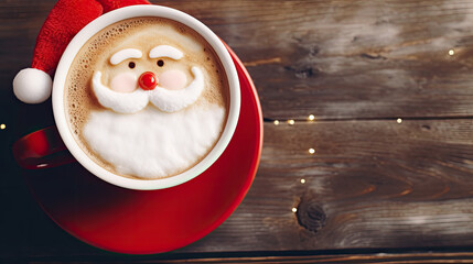 Wall Mural - Christmas coffee cup with milk foam Santa Claus. Christmas latte art. Cozy atmosphere. Holiday background with copy space. Christmas and New Year cappuccino coffee.