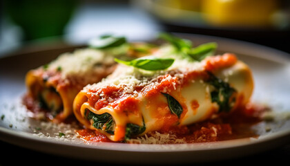 Canvas Print - Freshness and gourmet meal Close up of homemade vegetarian lasagna with tomato sauce generated by AI