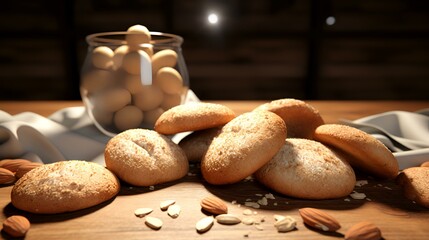 Wall Mural - Homemade cookies with almonds on a wooden table. 3d rendering