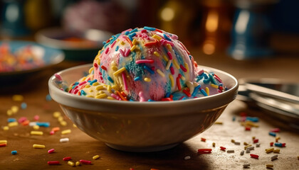 Wall Mural - A vibrant, multi colored ice cream sundae on a wooden plate generated by AI