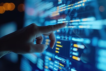 Agile software development or project management using kanban or scrum methodology boards. Process, workflow, visual organisation tools. Finger touching virtual interface.